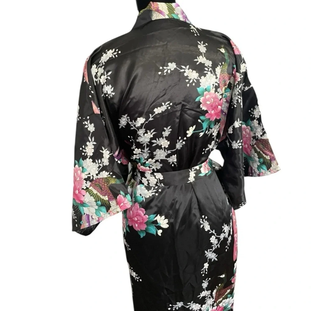 Japanese Long Kimono Robe Floral Satin Dressing Gown Retro Cherry Blossoms Pink - Picture 5 of 7